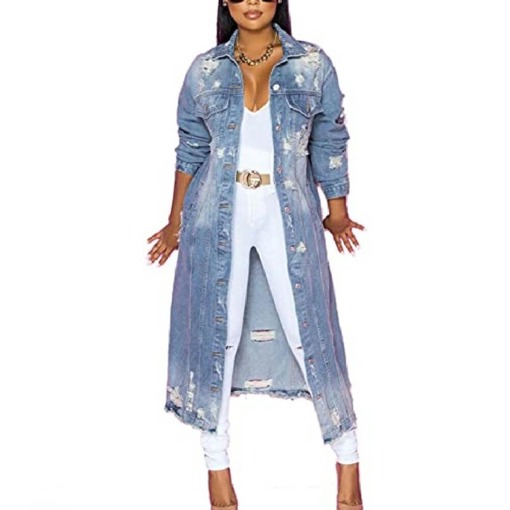 Distressed Denim Jacket Coat Ripped Holes Ankle Length Women's Size - Picture 2 of 7